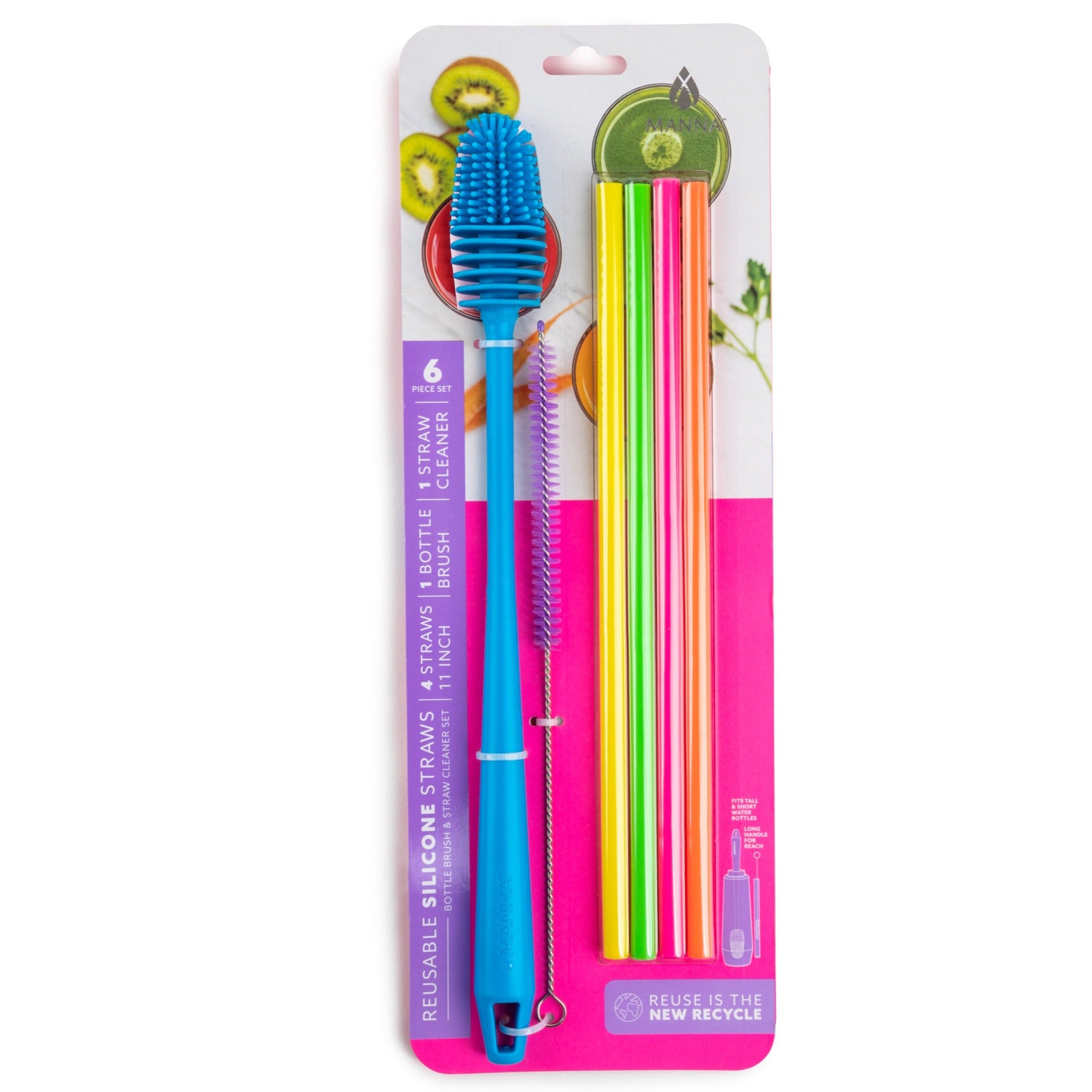 ICONIQ Re-Usable Silicone Straws with Cleaning Brush - Pack of 6 - Lar