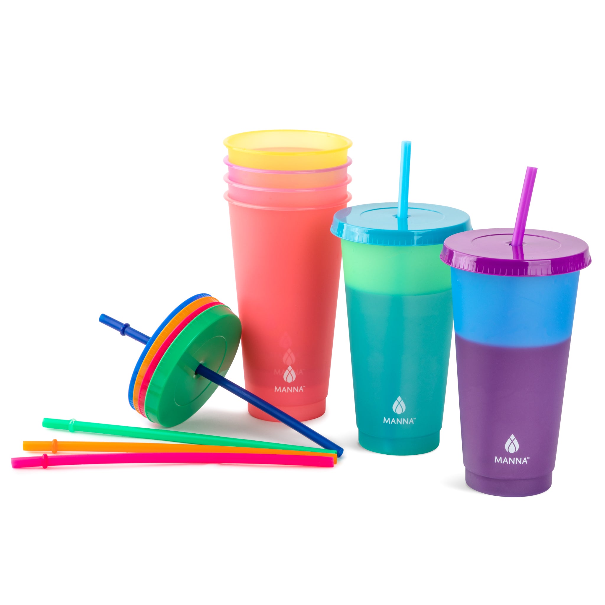 MANNA 4 Pack Color Changing Reusable Tumblers w/ Lids & Straw Set - 24oz  710mL
